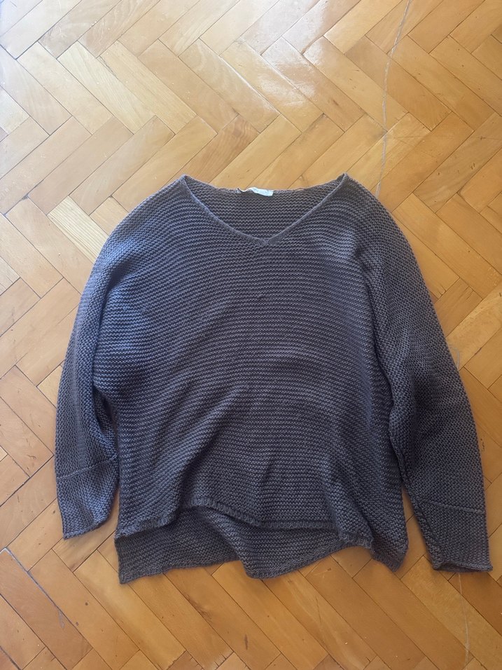 V Yaka Kahverengi Oversize Triko Kazak - Görsel 2