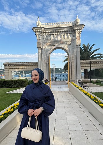 Uzun Kollu lacivert Drapeli Ofis Elbisesi - Görsel 3