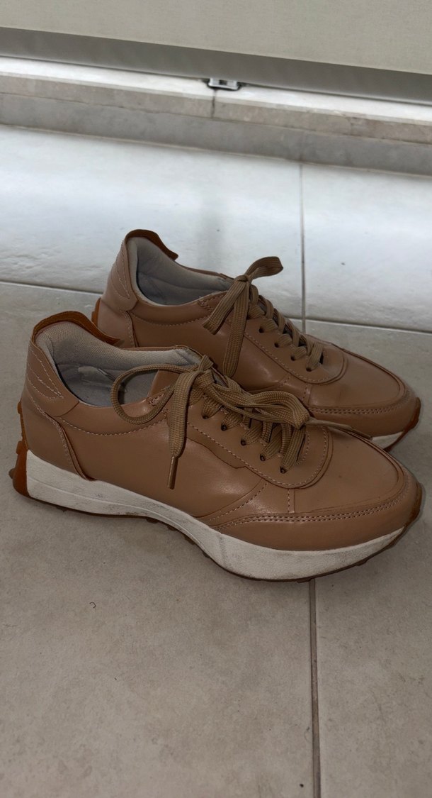 Bej Deri Stiletto Topuklu Kadın Spor Ayakkabı - Görsel 2