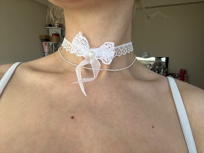 Beden beyaz Renk incili dantelli choker