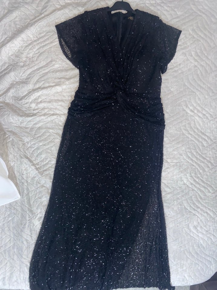 Siyah Drapeli V Yakalı Uzun Abiye Elbise - Görsel 2