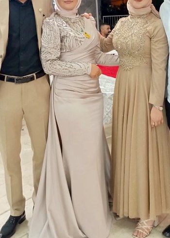 Bej Drapeli Uzun Kollu Abiye Elbise