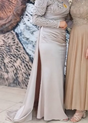 Abiye Bej Drapeli Uzun Kollu Abiye Elbise