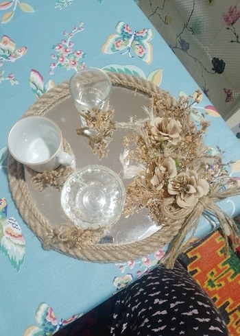 Bohem Beyaz Çiçekli Dekoratif Tepsi - Görsel 2