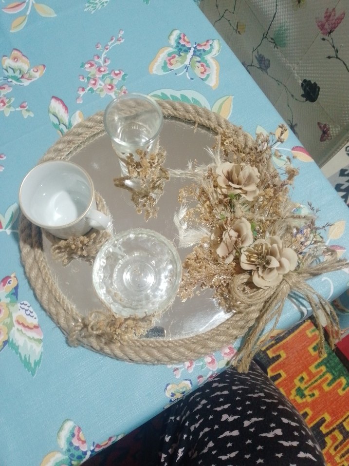 Bohem Beyaz Çiçekli Dekoratif Tepsi - Görsel 2