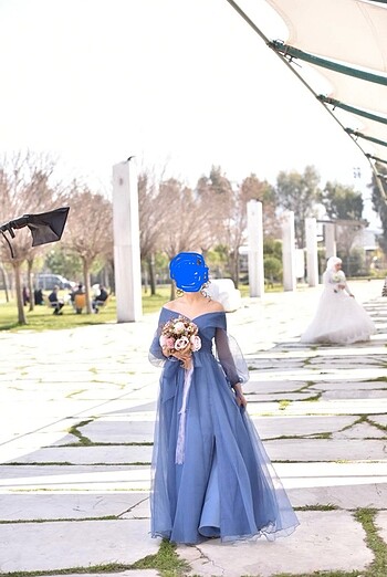 Mavi Kayık Yaka Abiye Elbise