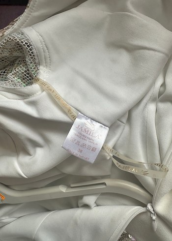 Uzun Kollu İşlemeli Krem Abiye Elbise - Görsel 6