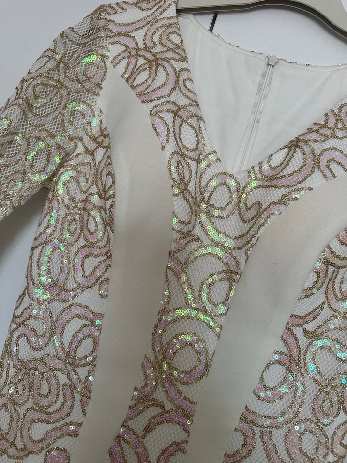 Uzun Kollu İşlemeli Krem Abiye Elbise - Görsel 3