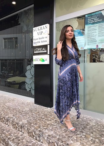 Mavi Batik Desenli Bohem Uzun Elbise