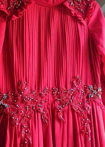 Drapeli Kırmızı Uzun Kollu Kadın Abiye - Görsel 3