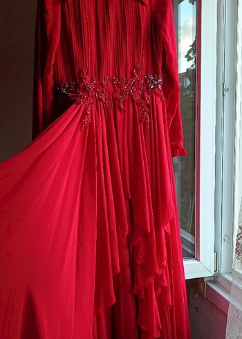 Drapeli Kırmızı Uzun Kollu Kadın Abiye - Görsel 2