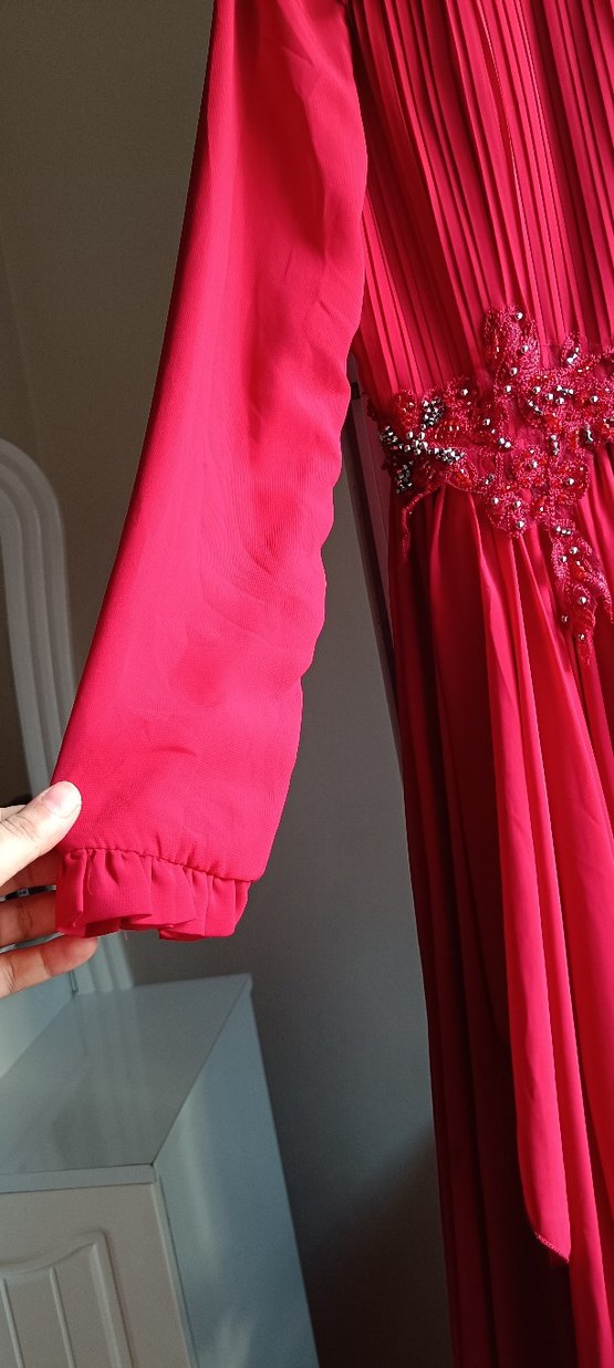 Drapeli Kırmızı Uzun Kollu Kadın Abiye - Görsel 4