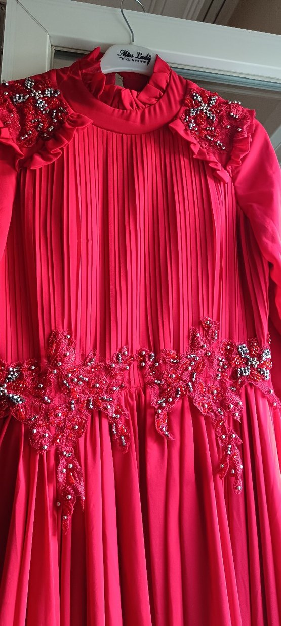 Drapeli Kırmızı Uzun Kollu Kadın Abiye - Görsel 3