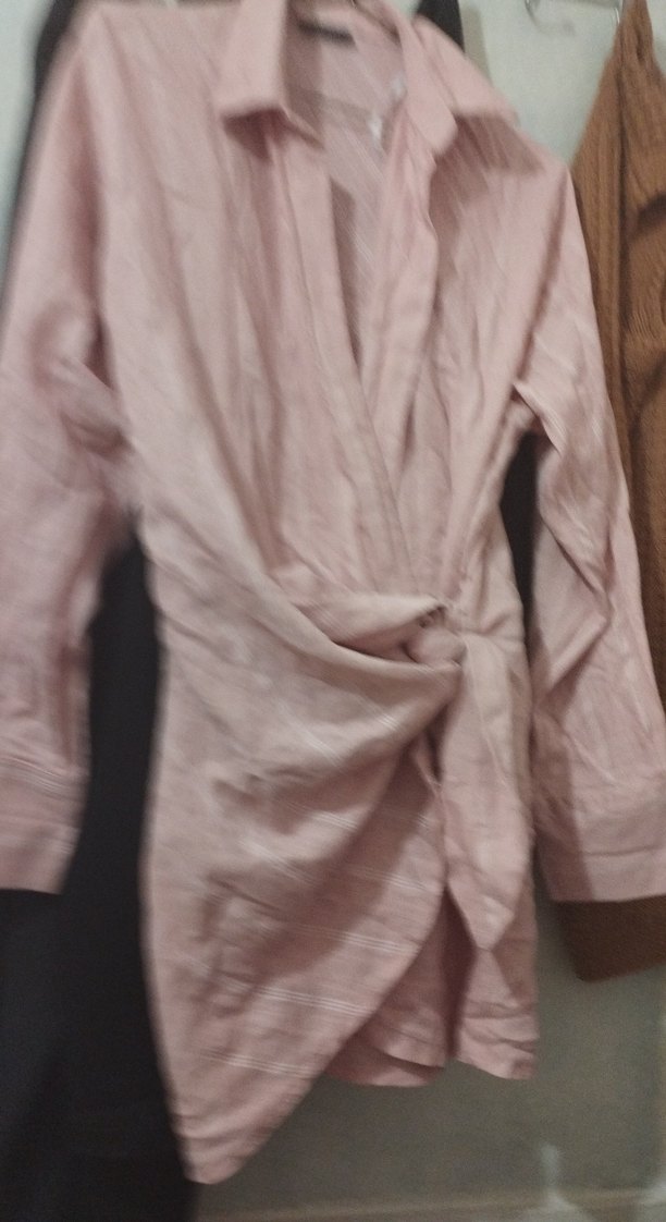 Pembe Keten Drapeli Midi Kadın Gömlek - Görsel 2