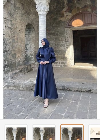 Lacivert Saten Uzun Kollu tesettür abiye Elbise
