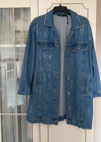 Düğmeli Mavi Midi Denim Ceket