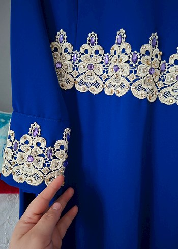 Nakış Detaylı Mavi Uzun Kollu Kadın Elbise - Görsel 2