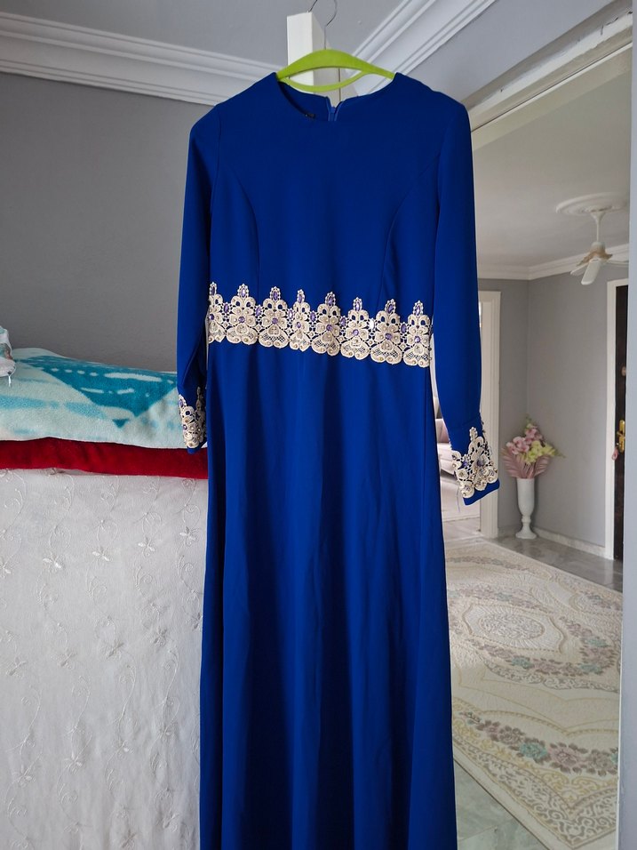 Nakış Detaylı Mavi Uzun Kollu Kadın Elbise - Görsel 4