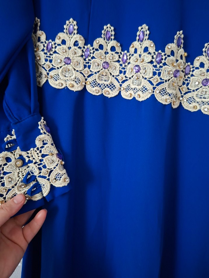 Nakış Detaylı Mavi Uzun Kollu Kadın Elbise - Görsel 3