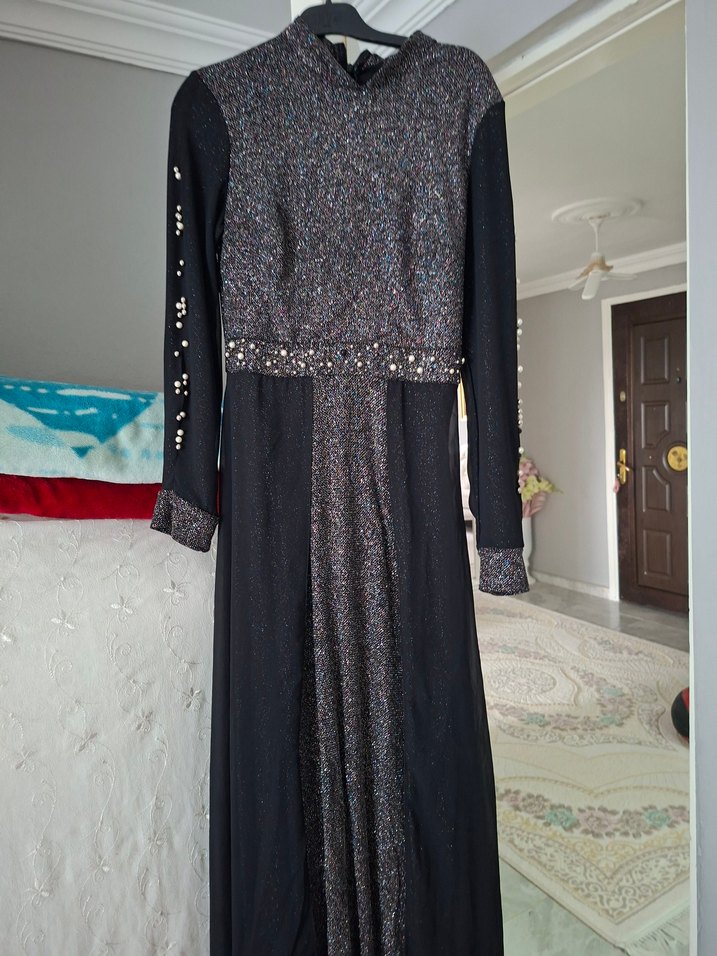 Uzun Siyah Gotik Drapeli Kadın Abiye Elbise - Görsel 5