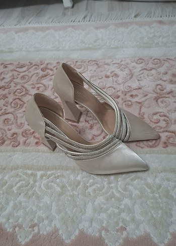Bej Yüksek Topuklu Kadın Abiye Ayakkabı - Görsel 2