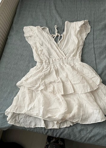 V Yaka Beyaz Mini Elbise - Görsel 3