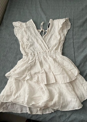 V Yaka Beyaz Mini Elbise - Görsel 4