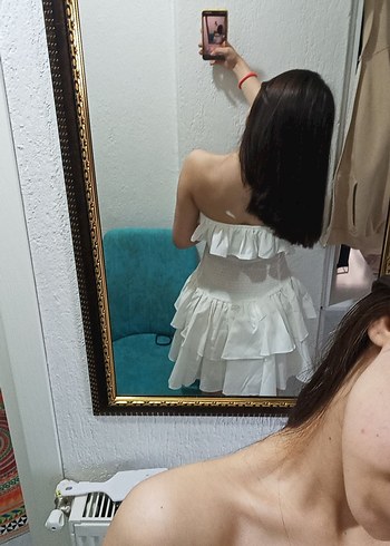 Beyaz Straplez Midi Bohem Mini - Görsel 5