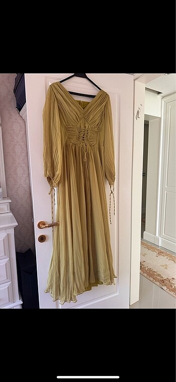 Yağ yeşili abiye elbise - Görsel 7