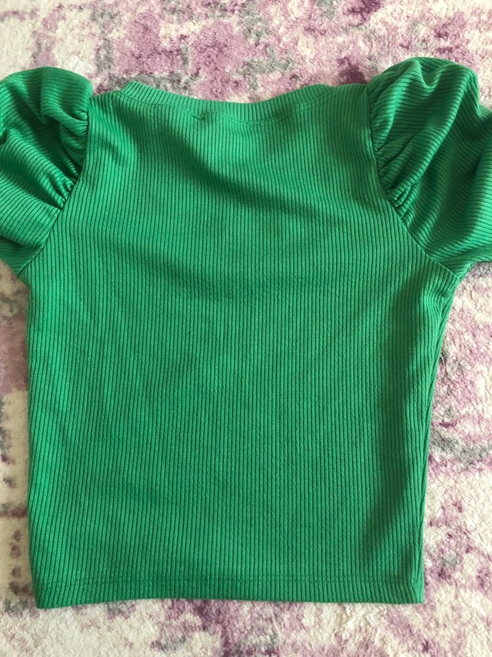 Balon kol Yeşil Kısa Kollu crop / bluz - Görsel 5