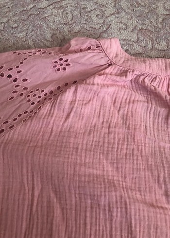 Diğer Dantel Detaylı Pembe Keten V Yaka Bluz