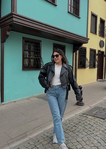 Kadın Siyah Deri Biker Ceket - Görsel 2