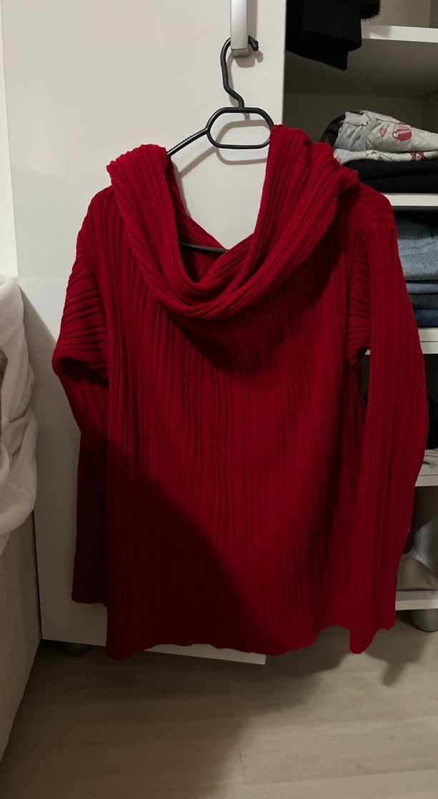 Kadın Kırmızı Yüksek Yakalı Salaş Triko - Görsel 2