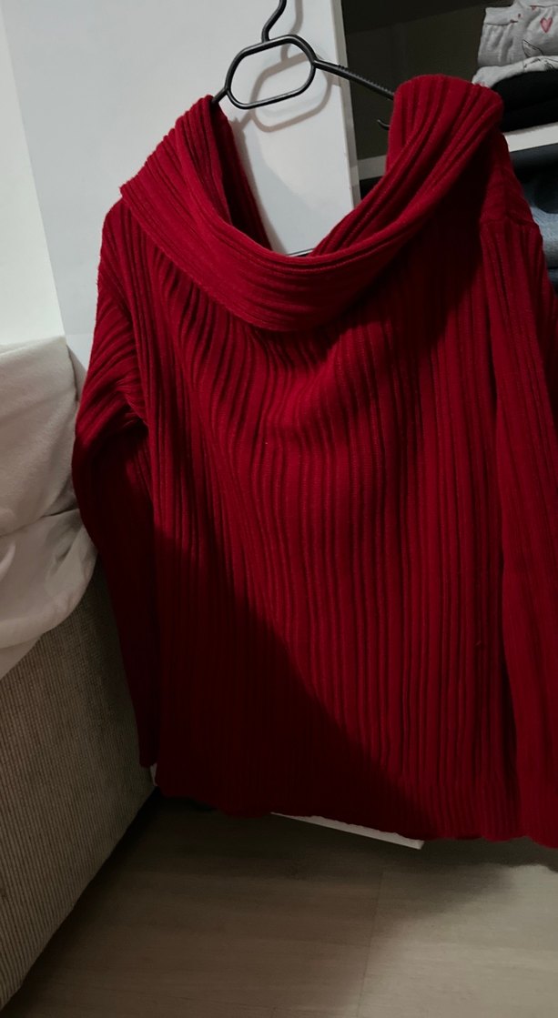 Kadın Kırmızı Yüksek Yakalı Salaş Triko - Görsel 4