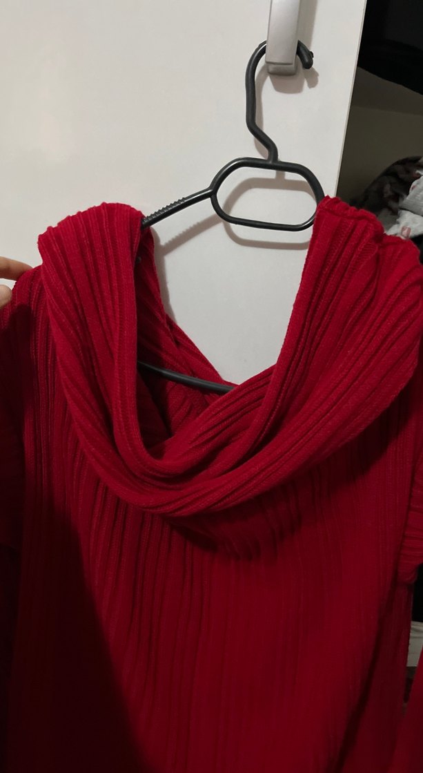 Kadın Kırmızı Yüksek Yakalı Salaş Triko - Görsel 3