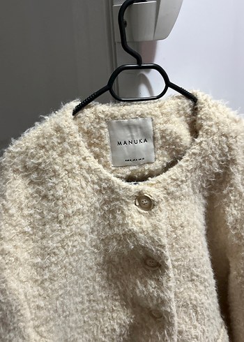 Beyaz Uzun Kollu Midi Yün Puff Mont - Görsel 3