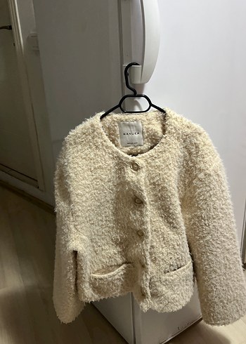 Beyaz Uzun Kollu Midi Yün Puff Mont - Görsel 2