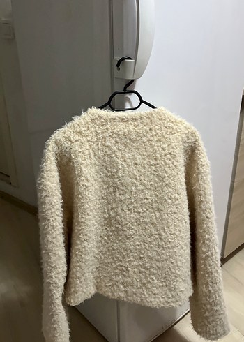 Beyaz Uzun Kollu Midi Yün Puff Mont - Görsel 4