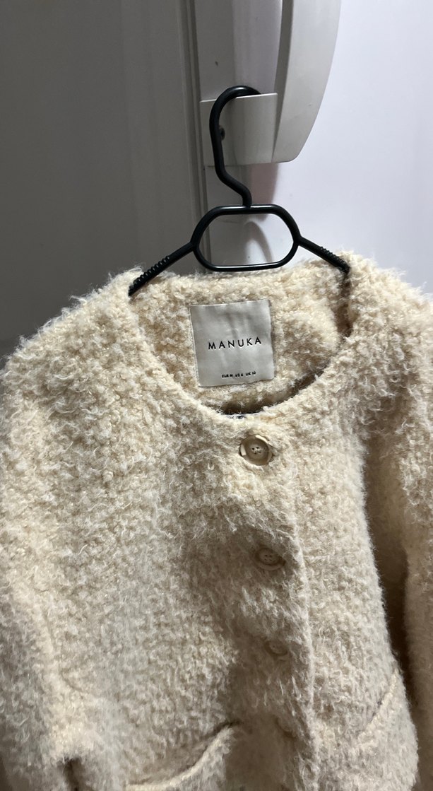 Beyaz Uzun Kollu Midi Yün Puff Mont - Görsel 3