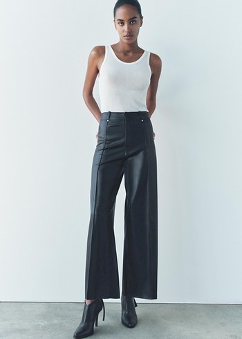 Zara Siyah Suni Deri Wide Leg Pantolon