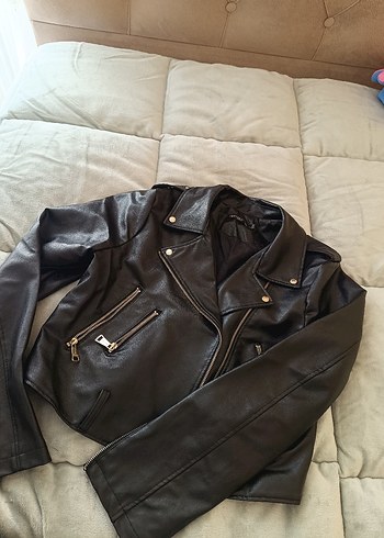 Siyah Deri Kadın Biker Ceket crop