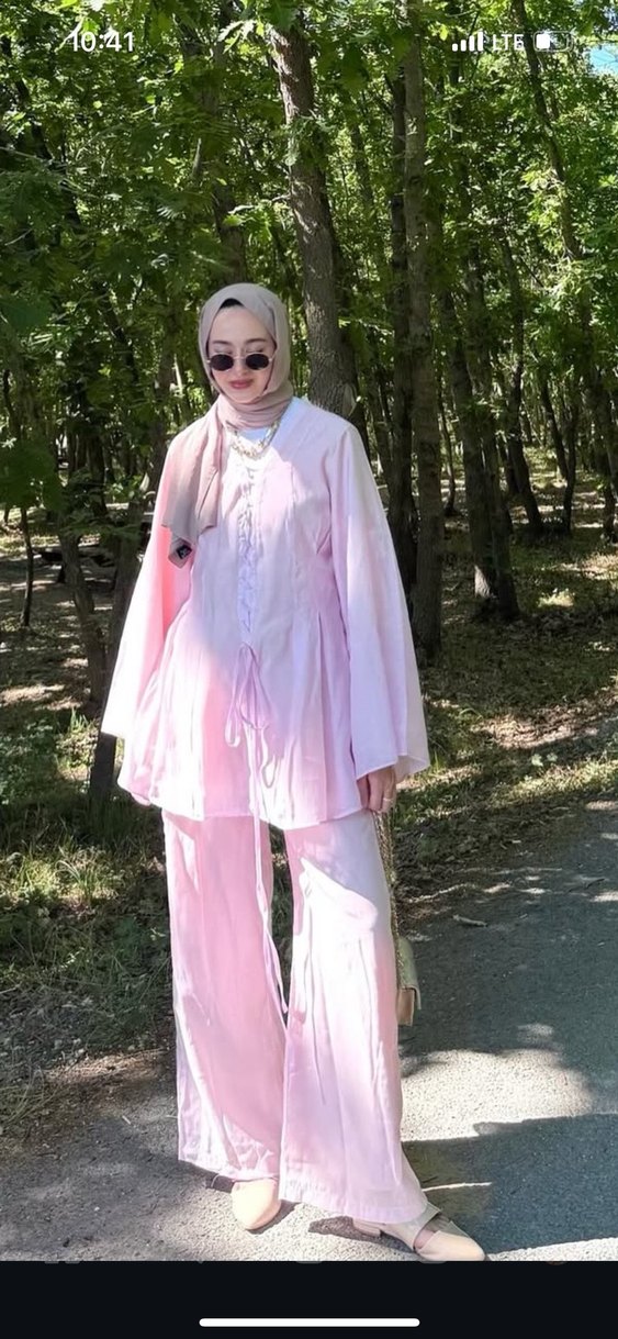 Pembe Uzun Keten Kadın Takım - Görsel 4