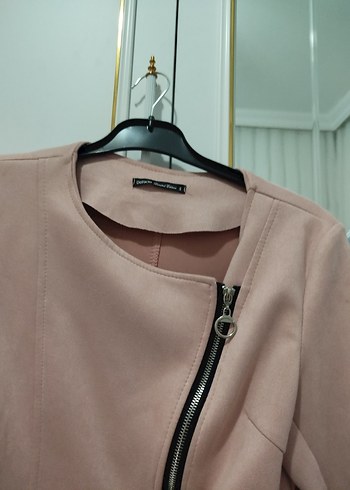 Pembe Süet Mini Fermuarlı Kadın Ceket