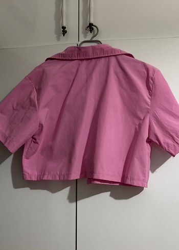 Düğmeli Pembe Kısa Kollu Keten Gömlek - Görsel 2