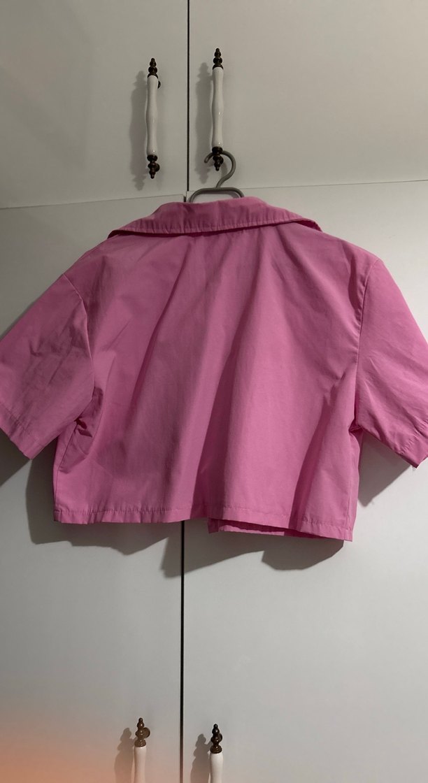 Düğmeli Pembe Kısa Kollu Keten Gömlek - Görsel 2