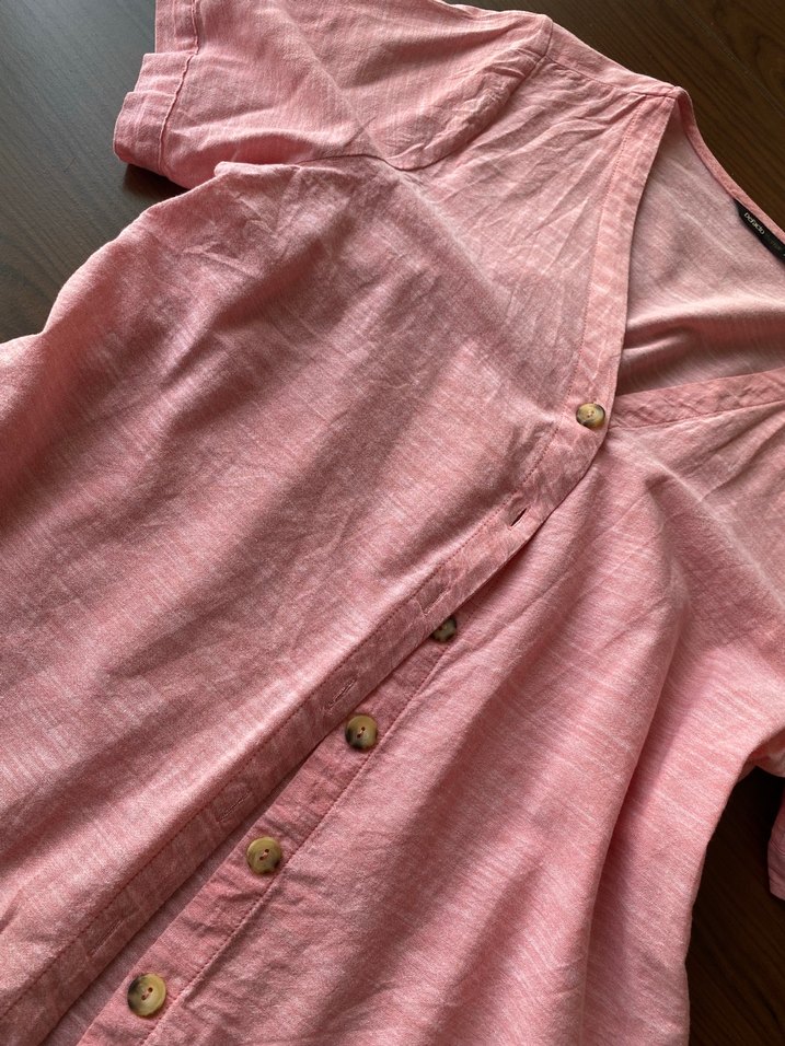 Düğmeli Kısa Kollu Pembe Keten Gömlek - Görsel 4