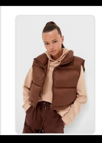 stradivarius Kahverengi Kısa Yelek, Salaş Kesim, Yüksek Yaka