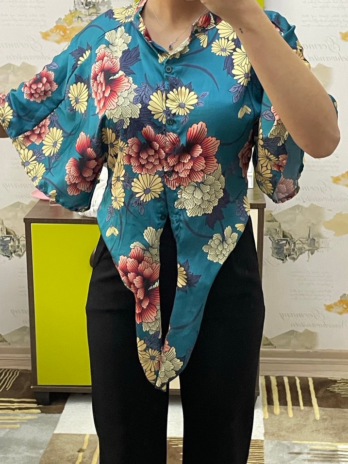 Çiçek Desenli Bohem Kısa Kollu Kadın Bluz - Görsel 3