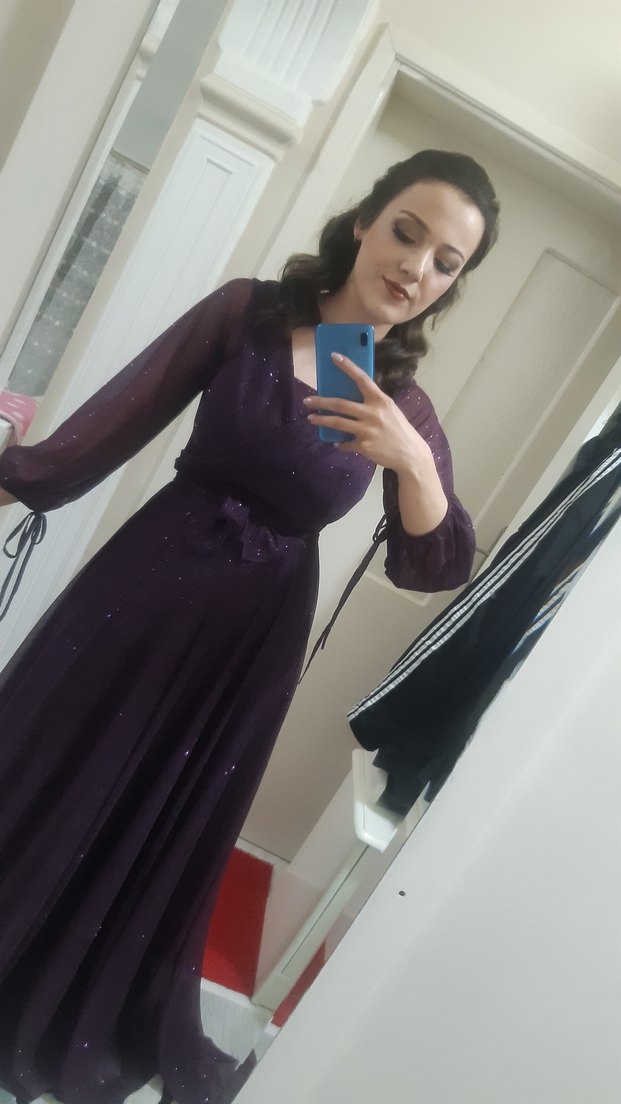 Uzun Kollu Mor Parıltılı Abiye Elbise - Görsel 2