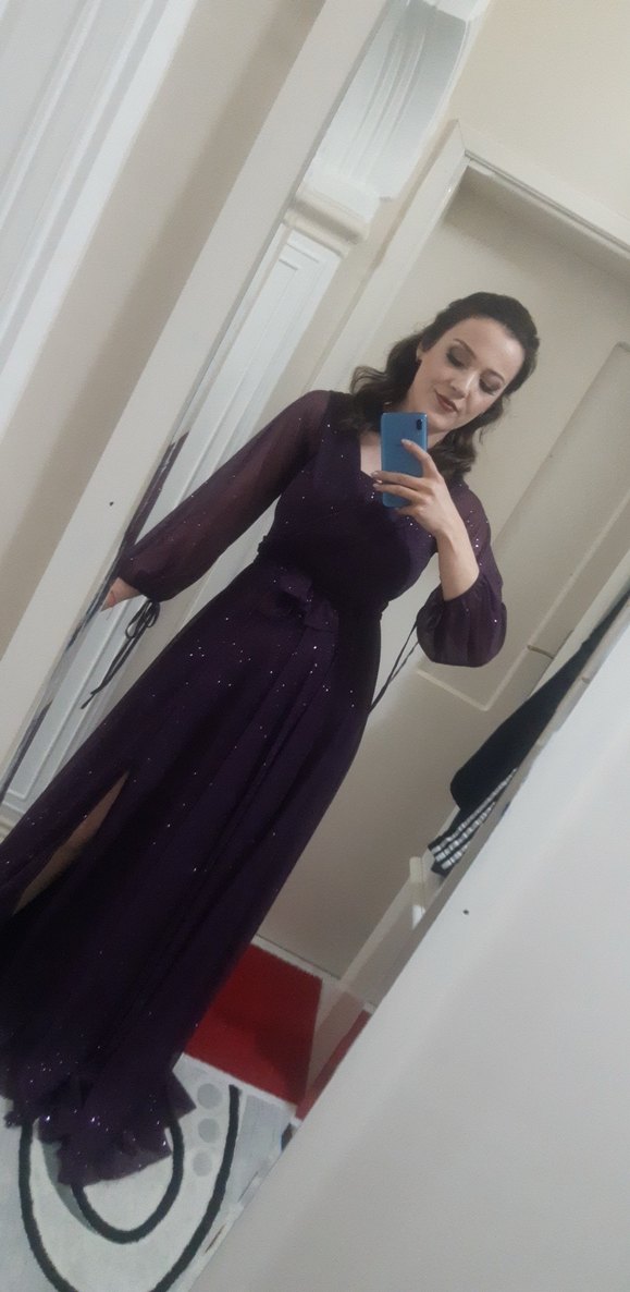 Uzun Kollu Mor Parıltılı Abiye Elbise - Görsel 3